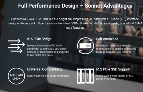 Sonnet Silent Gen 4 PCIe card with 4 x M.2 NVMe SSD slots up to 32GB storage - add your own SSD Sonnet Silent Gen 4 PCIe card with 4 x M.2 NVMe SSD slots up to 32GB storage - add your own SSD